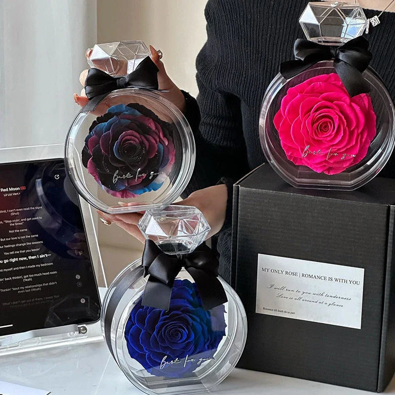 Preserved dried rose floral ornaments in a transparent display, available in various colors for home decor and special occasions