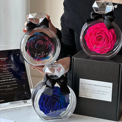 Preserved dried rose floral ornaments in a transparent display, available in various colors for home decor and special occasions