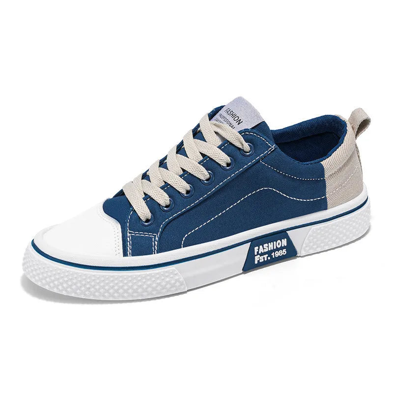 Men's canvas skate shoes in blue with PVC soles and lace-up front