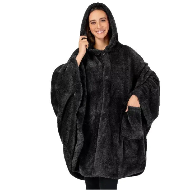 Thickened hooded cloak bathrobe in polyester, shown in black, dark grey, and pink colour options.