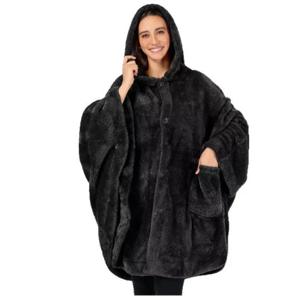 Thickened hooded cloak bathrobe in polyester, shown in black, dark grey, and pink colour options.