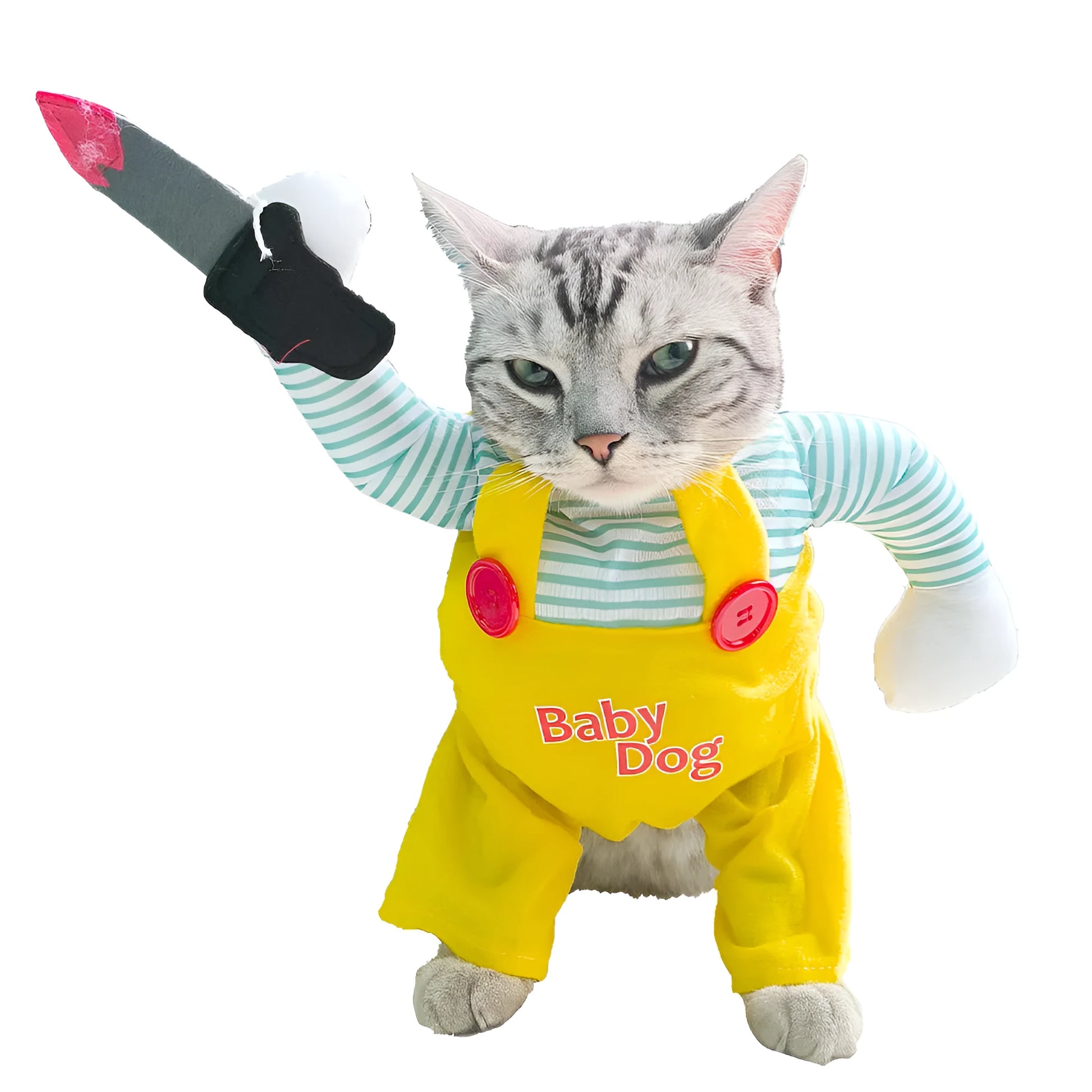 Yellow polyester cat costume with knife assassin design in sizes S to XL.