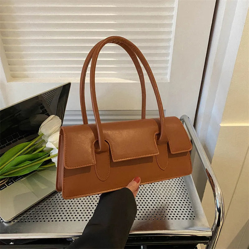 Women's black PU leather square shoulder bag with stitching detail and single strap