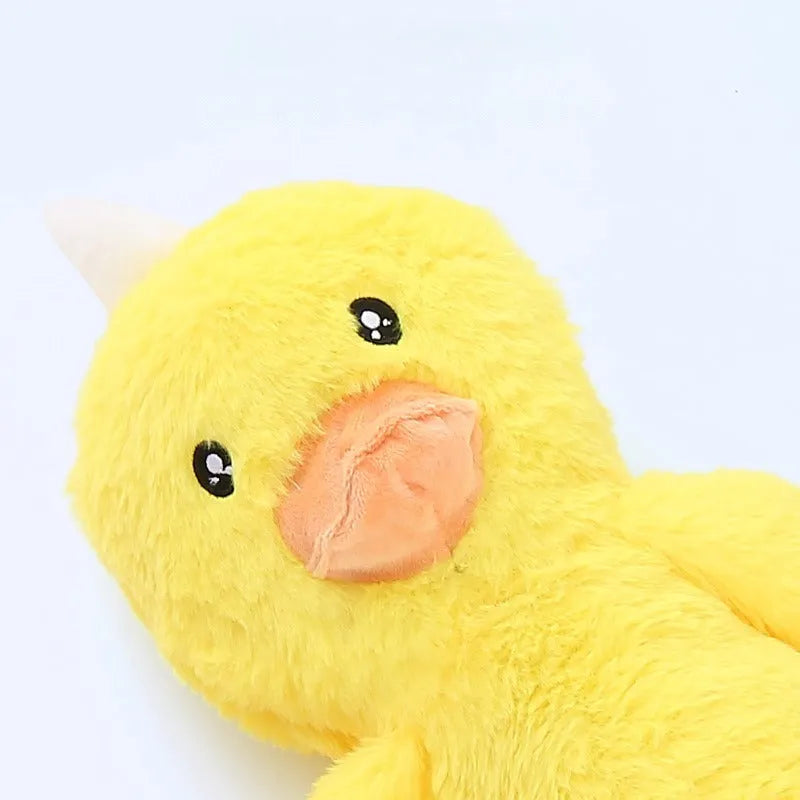 Pink and yellow plush dog toy with rattle and crinkle sounds for large breed chewing