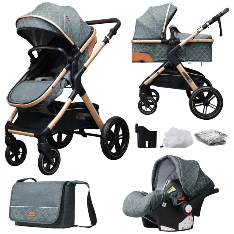 Lightweight folding multi-function baby cart with iron pipe frame, high landscape seat, 15kg load, in khaki or grey