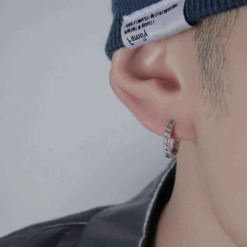 Men's geometric copper hip-hop earrings on a flat surface, showing 10mm and 14mm size options.