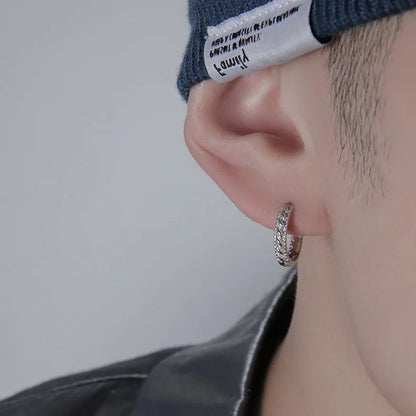 Men's geometric copper hip-hop earrings on a flat surface, showing 10mm and 14mm size options.