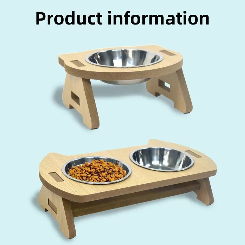 Wooden cat feeder with two stainless steel bowls for food and water, shown in large and small sizes.