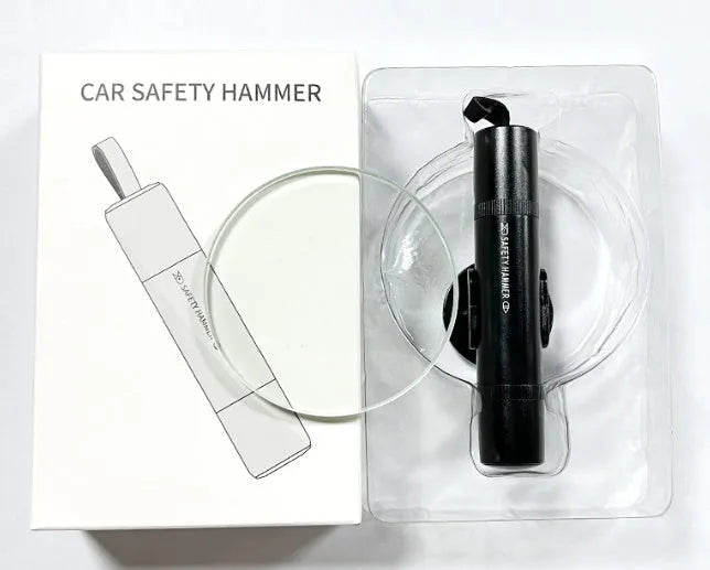 Aluminium alloy car safety hammer with a hardened steel tip for breaking windows and cutting seatbelts.