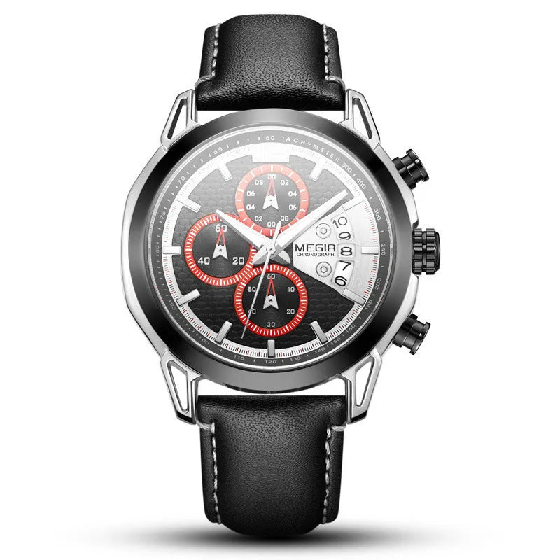 Men's black waterproof luminous quartz watch with leather strap and alloy case