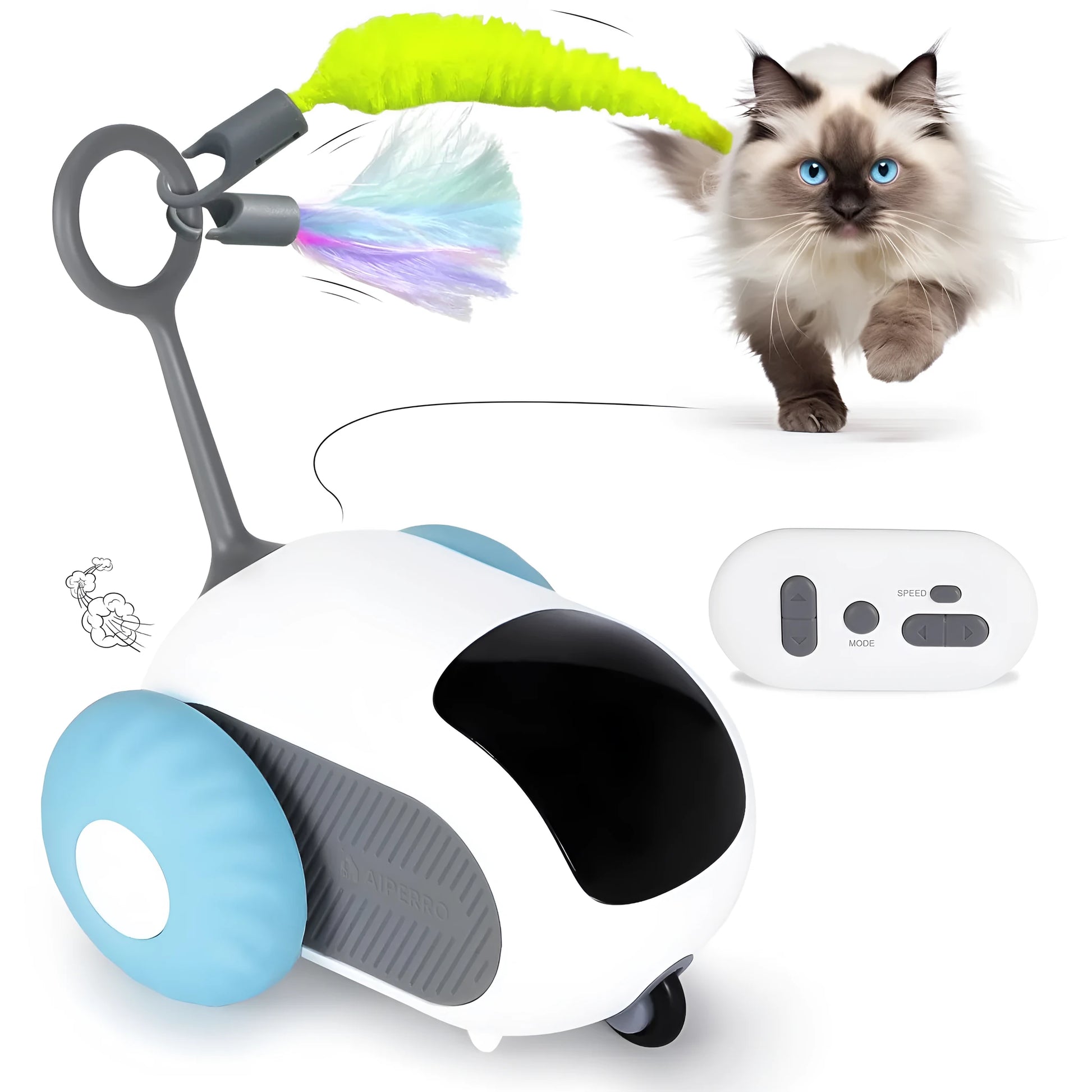 Blue remote control cat toy car with feather teaser on plastic chassis showing USB charging port