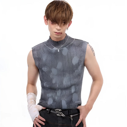 Men's black silver pastebrushing sleeveless t-shirt with stand collar and wool vest styling