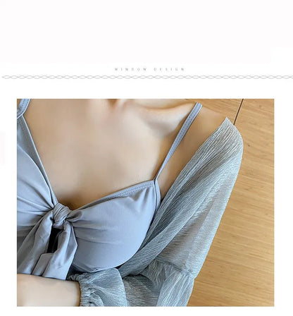 Women's long sleeve one-piece swimsuit set in solid grey with milk silk fabric and polyester lining, sizes S to 3XL