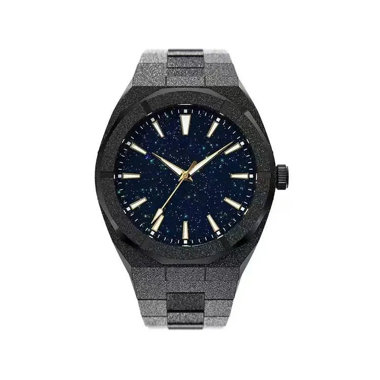 Men's frosted stainless steel business watch with luminous hands on a black dial.