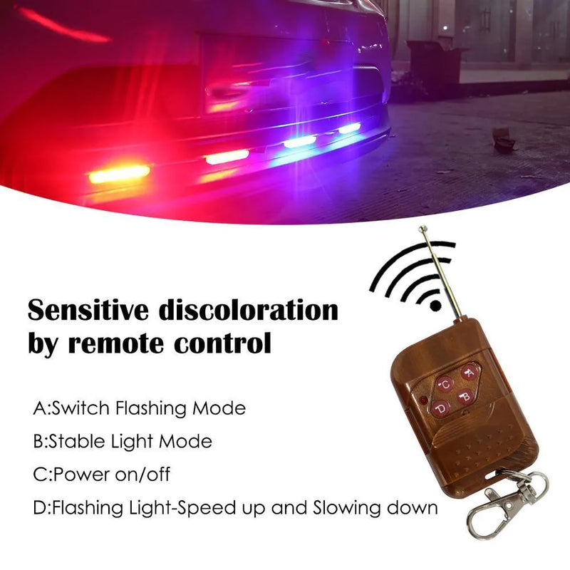 Car mounted LED wireless remote emergency warning light with three-colour flashing modes, magnetic base and sucker mounting options, and compact size designed for vehicle use