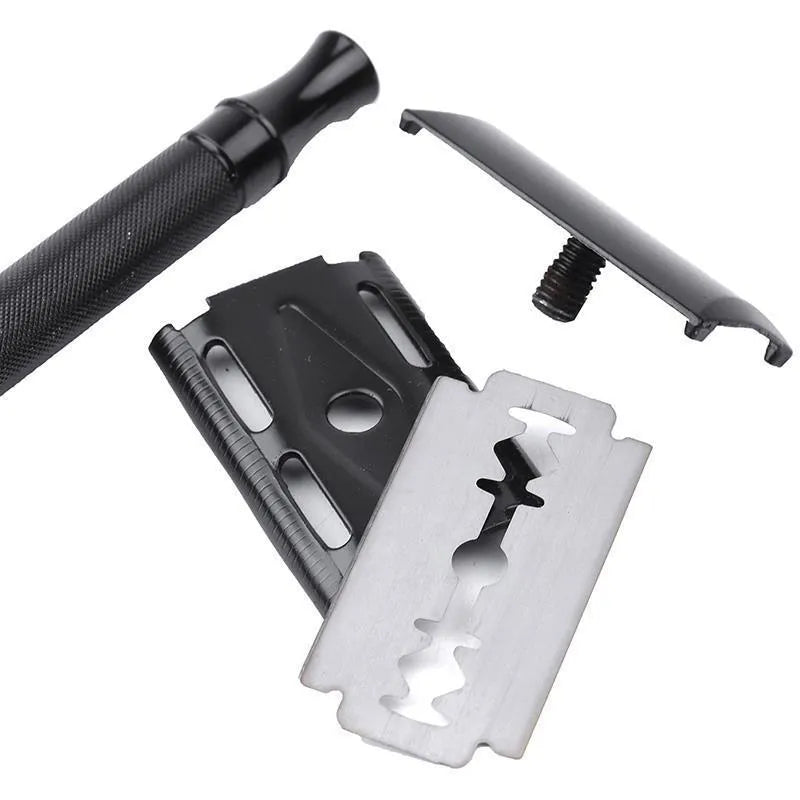 Traditional manual pogonotomy metal scraper and brush set in black or silver colour