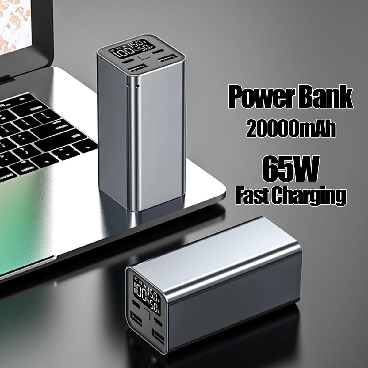 Super Fast Charging Metal Power Bank in black, blue, or grey with 65W output and 20000mAh capacity