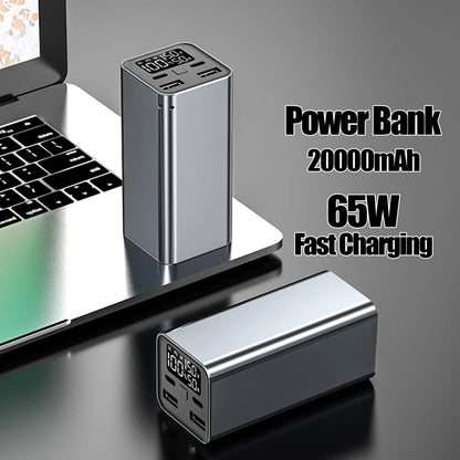 Super Fast Charging Metal Power Bank in black, blue, or grey with 65W output and 20000mAh capacity