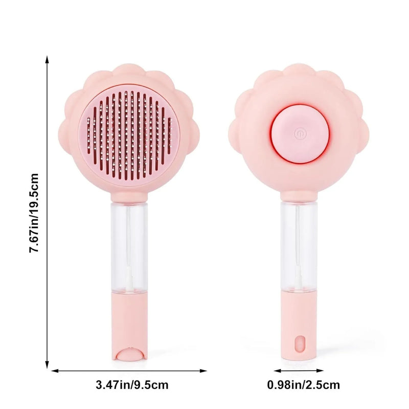 Spray cat brush with 140° curved stainless steel pins and one-click cleaning button: removes loose fur, reduces shedding, and prevents static with water spray function for indoor cats and dogs