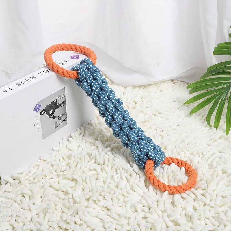 Pet dog toy double-ring chewable cotton knot rope toy for teething and dental cleaning, durable braided bone design for puppies and adult dogs, 37 cm long blue rope dog chew