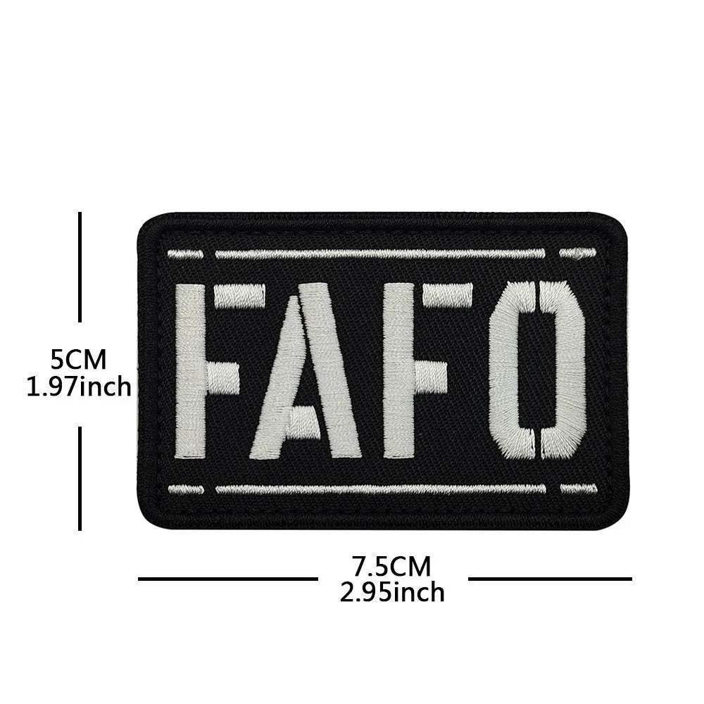 FAFO reflective nylon badge for night safety, shown in black cloth with white characters and other colour options