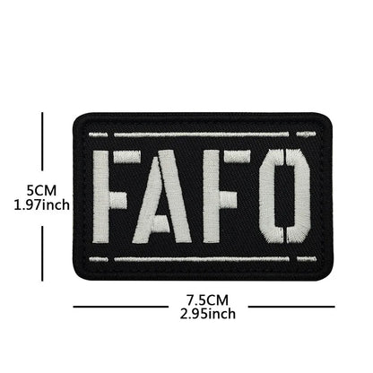 FAFO reflective nylon badge for night safety, shown in black cloth with white characters and other colour options