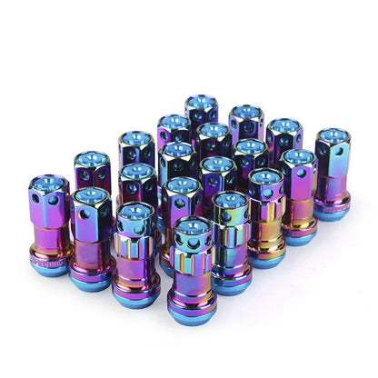 Set of aluminium alloy wheel hub nuts in various colours including red, gold, blue, purple and black combinations