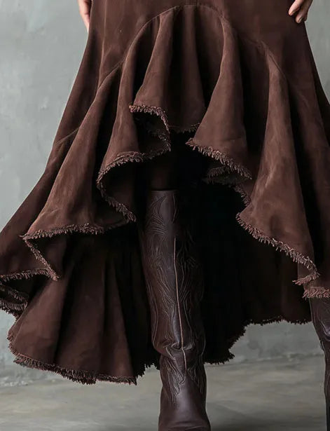 Western brown maxi skirt with high-low hemline and ruffle detailing in eco suede polyester