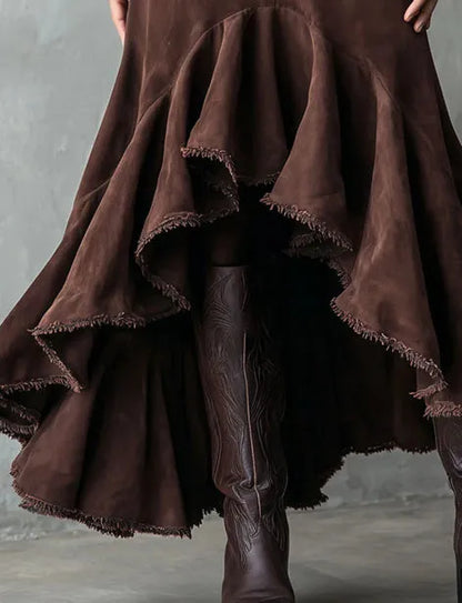 Western brown maxi skirt with high-low hemline and ruffle detailing in eco suede polyester