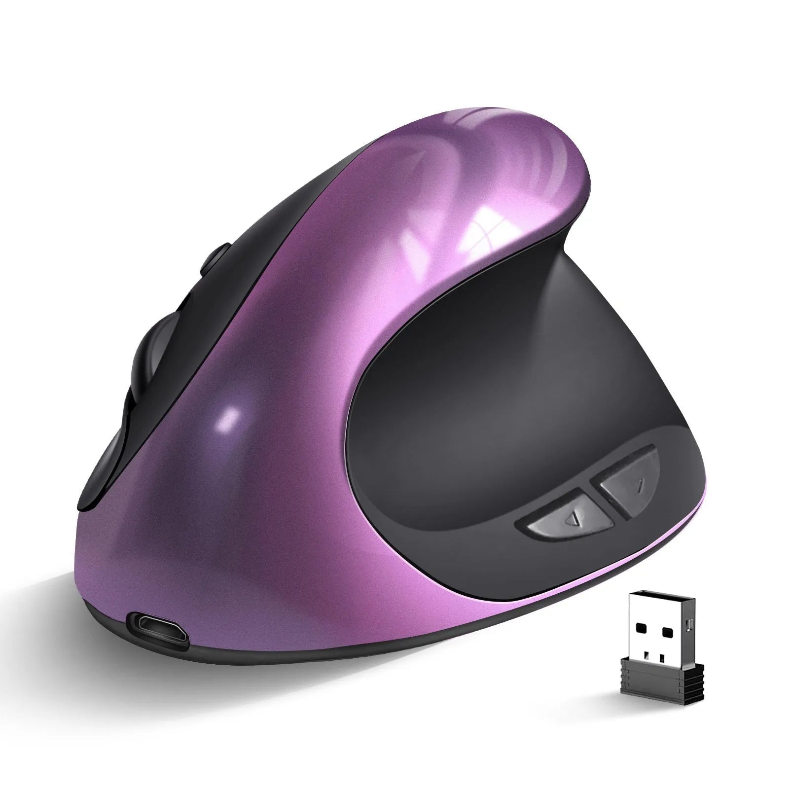 Ergonomic vertical mouse in black, shown next to a laptop, highlighting its unique upright shape and USB receiver.