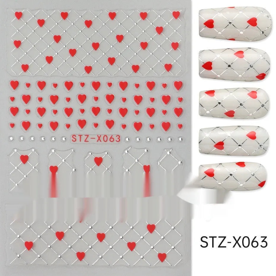 Assortment of black and silver nail sticker designs including cartoon and French tip patterns on a plastic sheet.