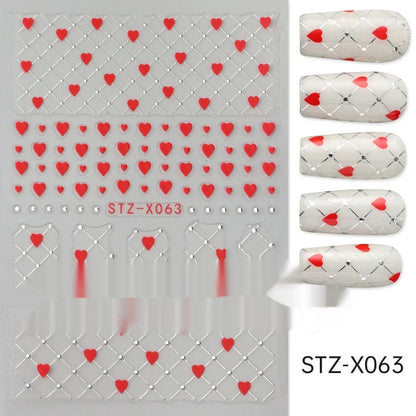 Assortment of black and silver nail sticker designs including cartoon and French tip patterns on a plastic sheet.