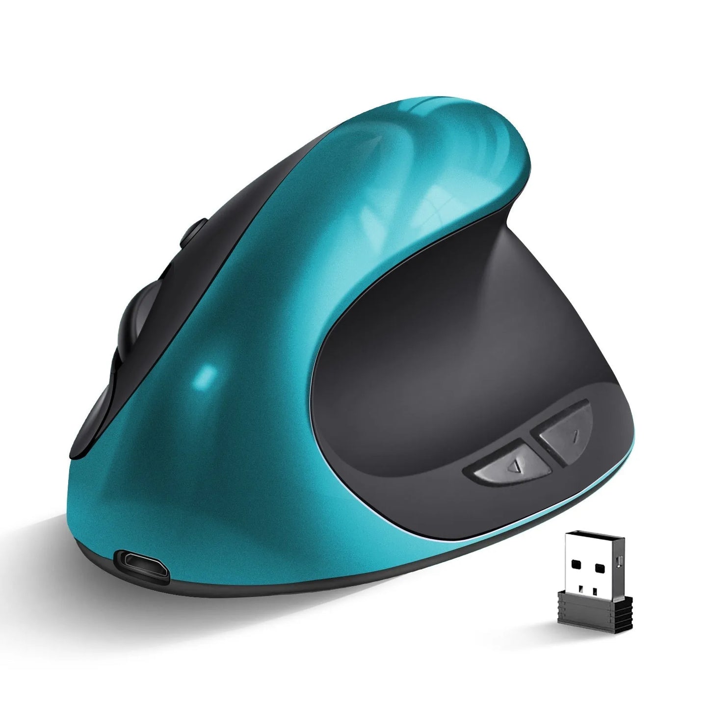 Ergonomic vertical mouse in black, shown next to a laptop, highlighting its unique upright shape and USB receiver.