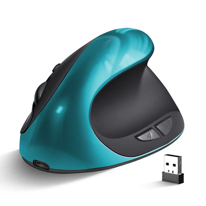 Ergonomic vertical mouse in black, shown next to a laptop, highlighting its unique upright shape and USB receiver.