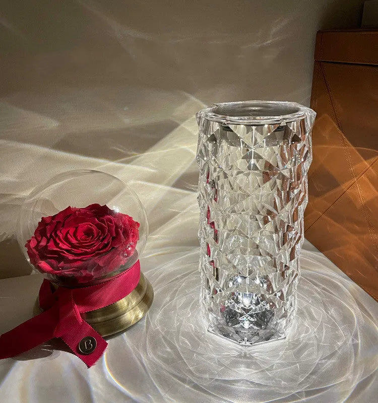 LED rose diamond table lamp with touch switch and three-colour light modes on a wooden table