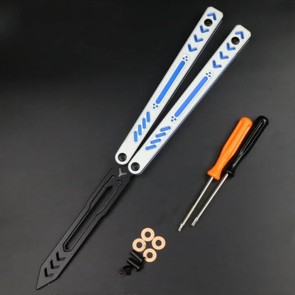 Unbladed butterfly knife trainer with aluminium handle and black G10 non-slip patches