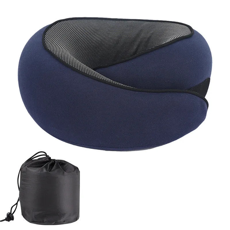 U-shaped memory foam neck pillow for travel shown with its storage bag.