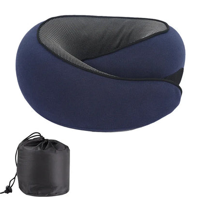 U-shaped memory foam neck pillow for travel shown with its storage bag.
