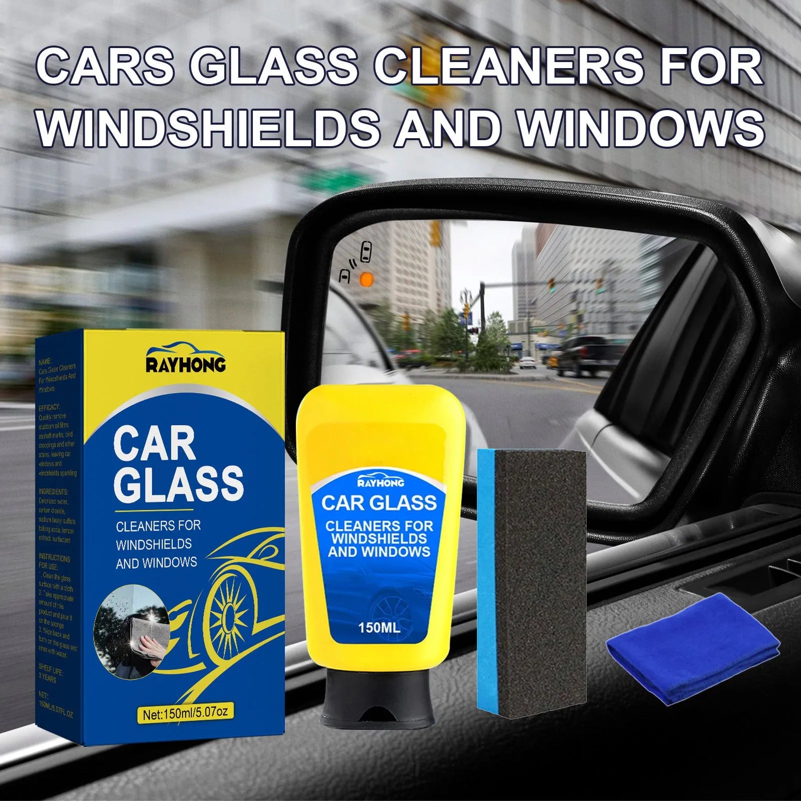 150ml windshield automotive detergent defogging spray bottle with a sponge and microfibre cloth for car window cleaning.