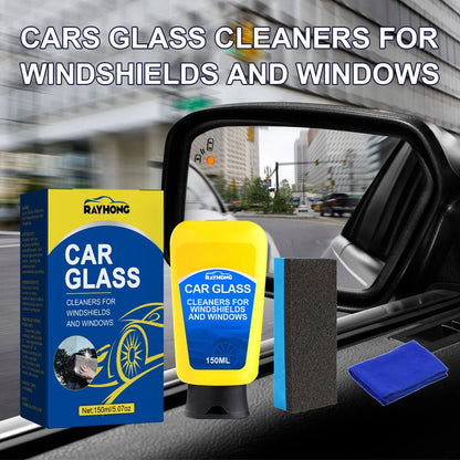 150ml windshield automotive detergent defogging spray bottle with a sponge and microfibre cloth for car window cleaning.