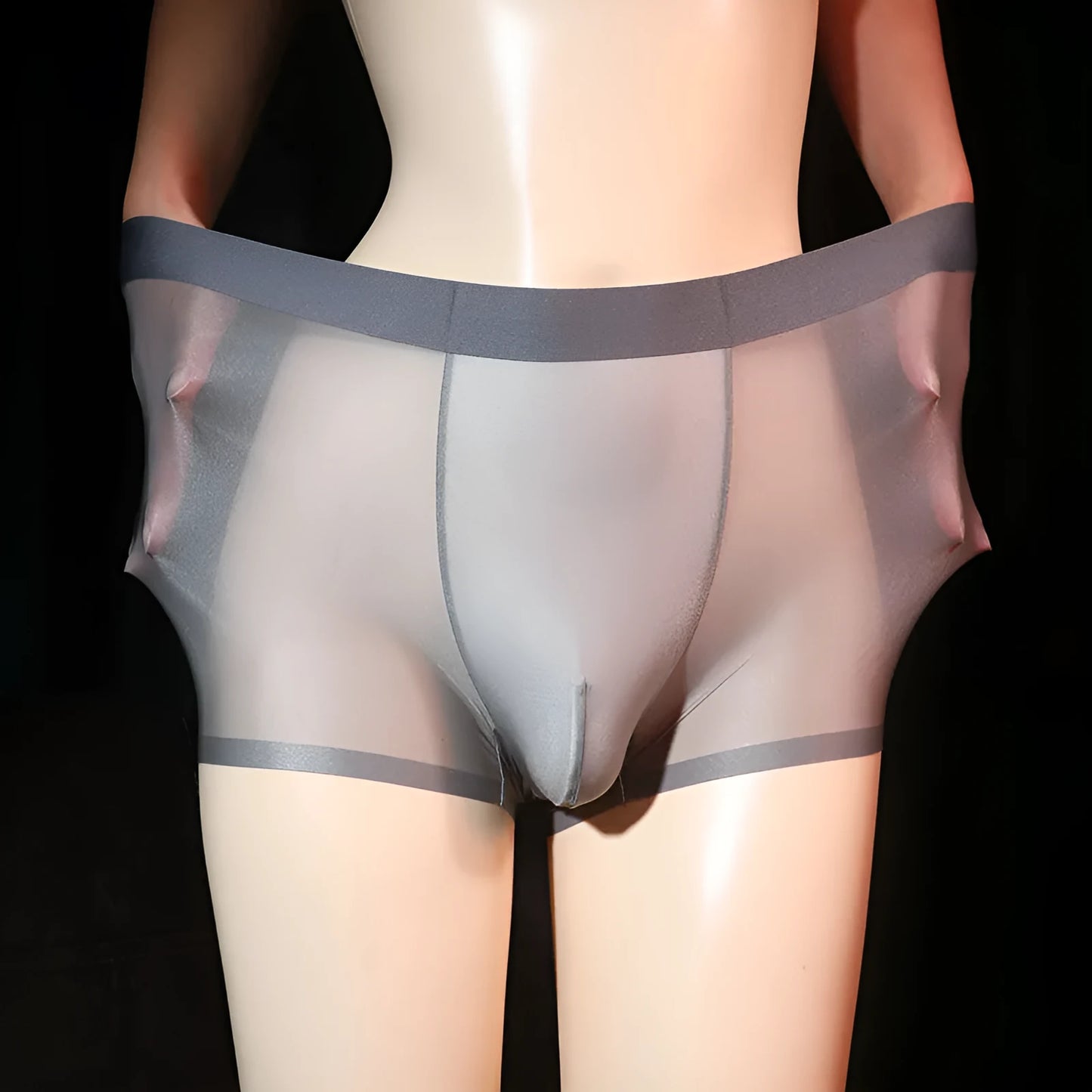 Men's ultra-thin transparent boxer briefs in ice silk nylon fabric showing light grey colour option
