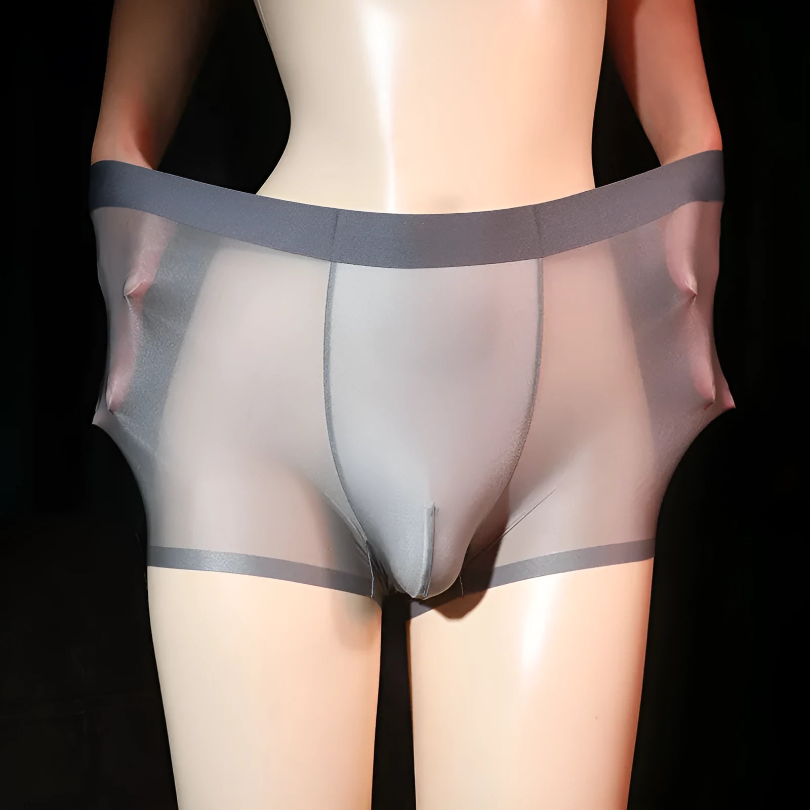 Men's ultra-thin transparent boxer briefs in ice silk nylon fabric showing light grey colour option