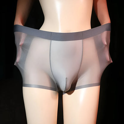 Men's ultra-thin transparent boxer briefs in ice silk nylon fabric showing light grey colour option