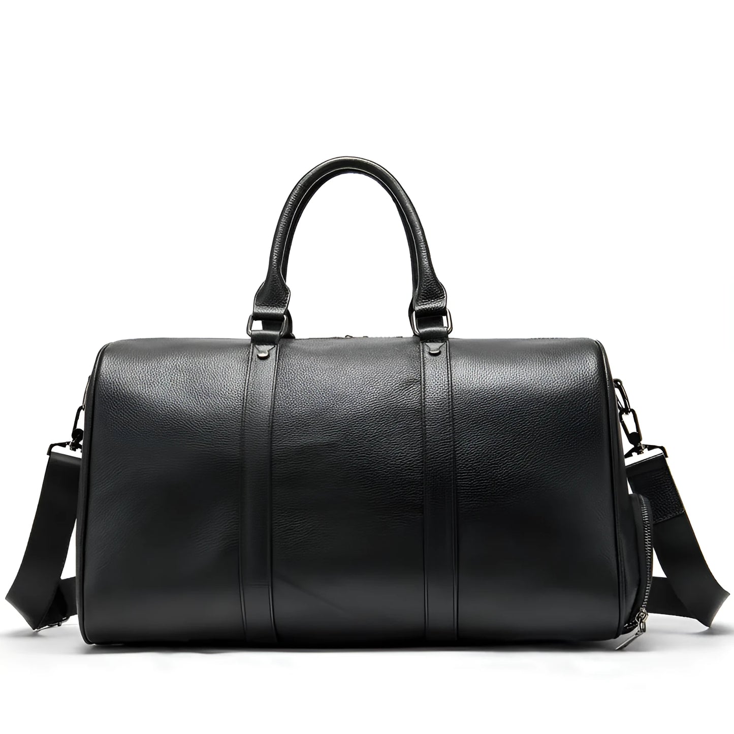 Men's leather excursion tote bag showing 44cm and 55cm size options in black and coffee colours