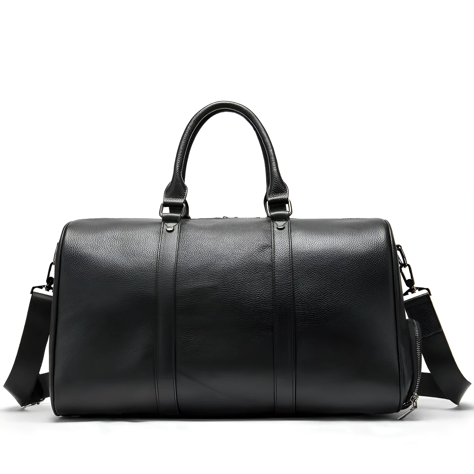 Men's leather excursion tote bag showing 44cm and 55cm size options in black and coffee colours