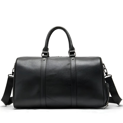 Men's leather excursion tote bag showing 44cm and 55cm size options in black and coffee colours