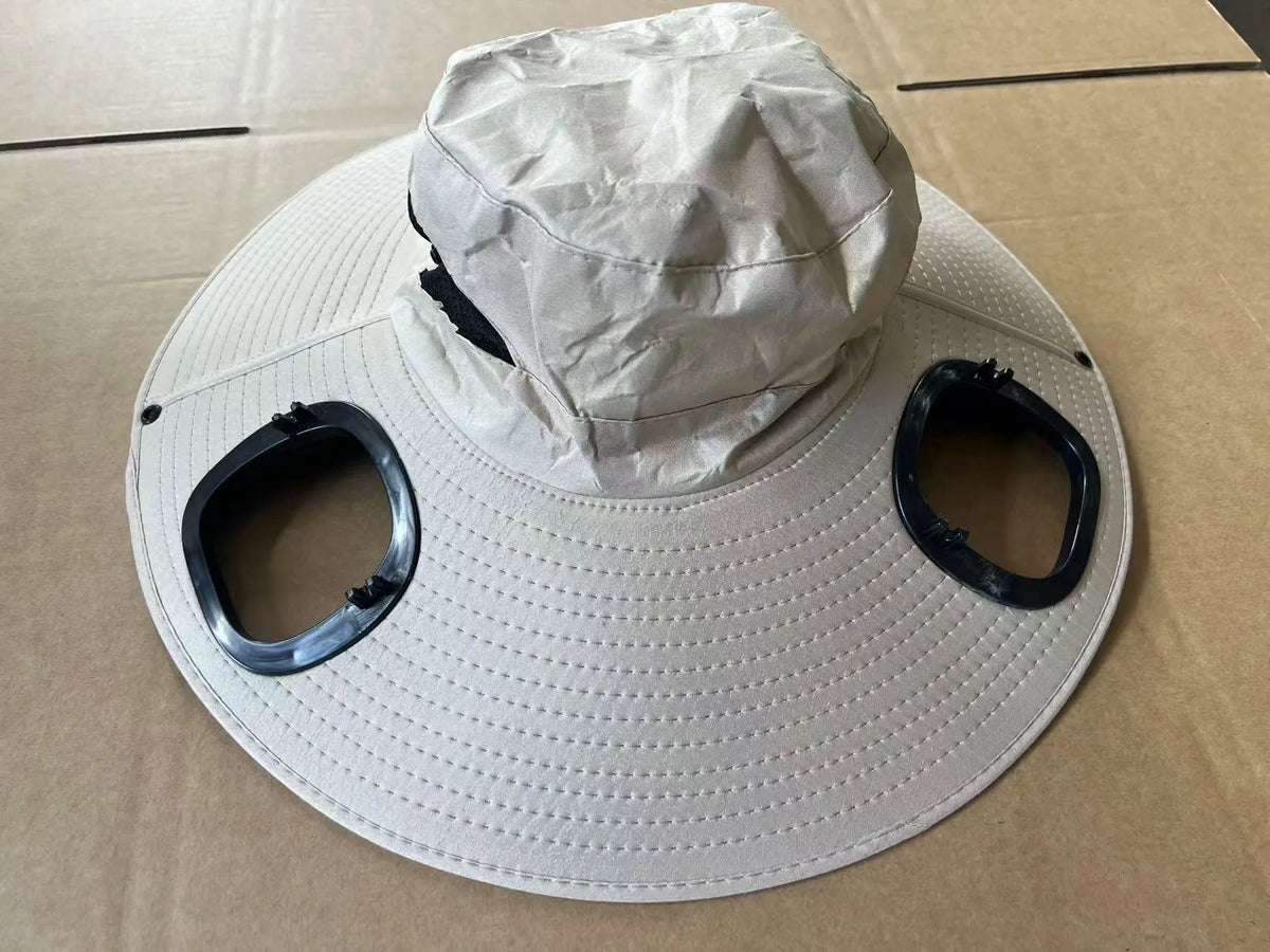 Grey men's solar fan cap with large brim and integrated fan on the front.