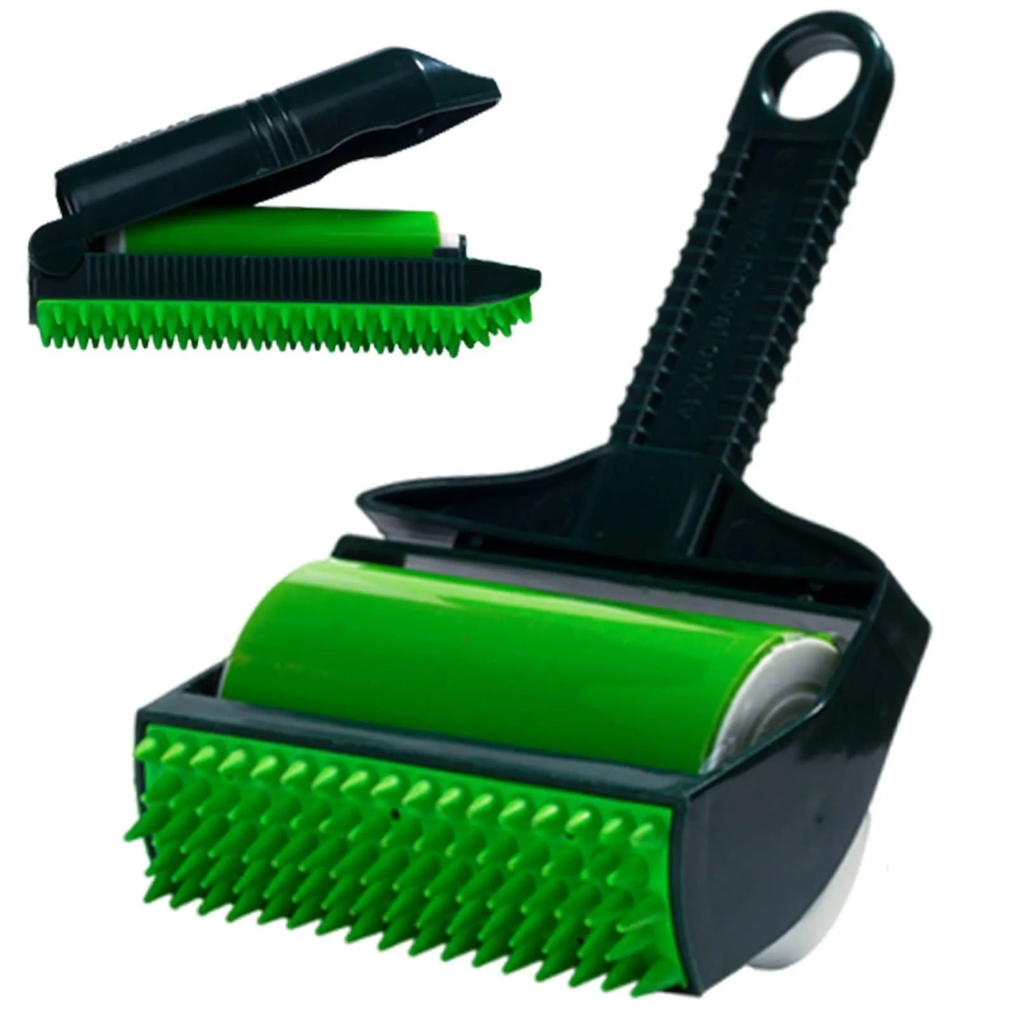 Green and yellow washable adhesive lint rollers for pet hair removal on a fabric background.