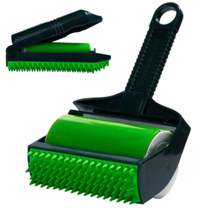 Green and yellow washable adhesive lint rollers for pet hair removal on a fabric background.