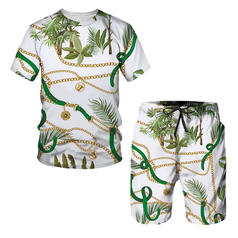 Man wearing a chain pattern digital printed short sleeve T-shirt with matching shorts, summer leisure set.